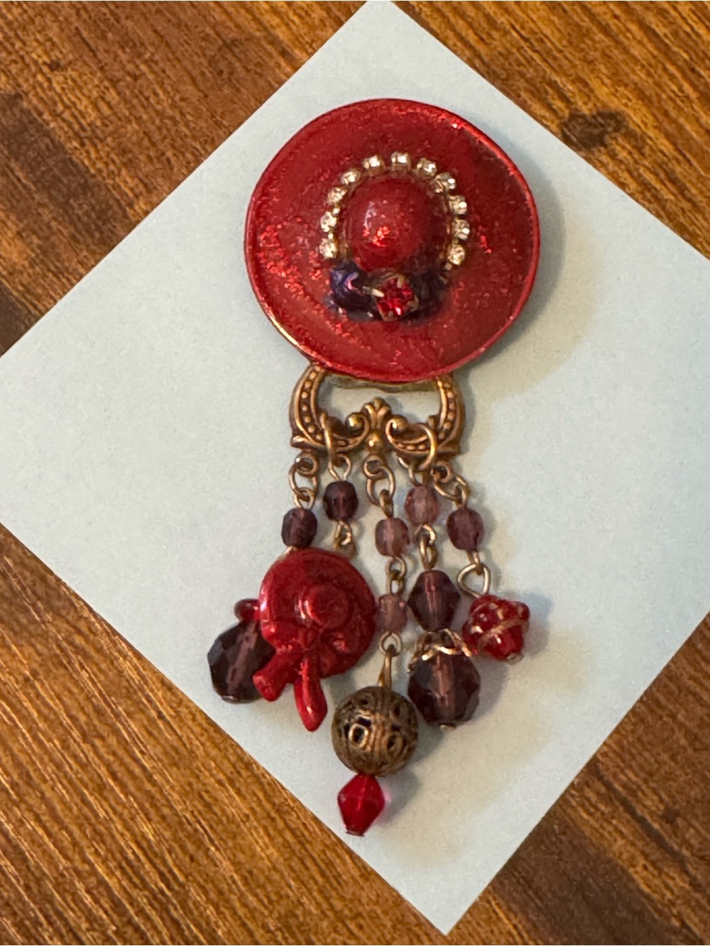 Red‎ Bohemian Dangle Brooch with Bead Charms